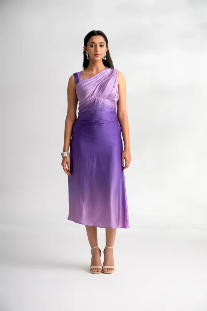 Elegant Satin Drape Dress – Zaara (Lavender Ombre)